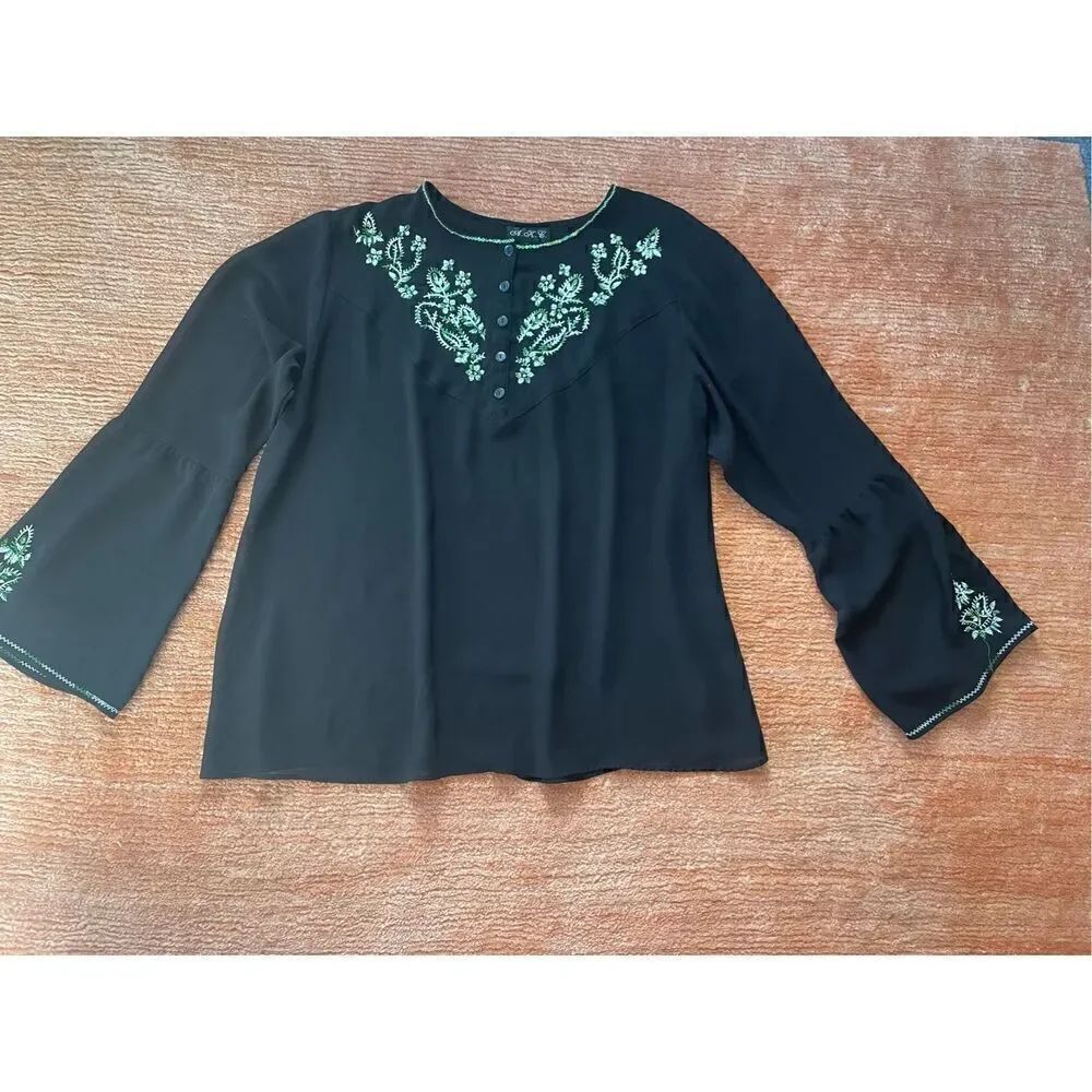 Chiffon embroidered black blouse 1X